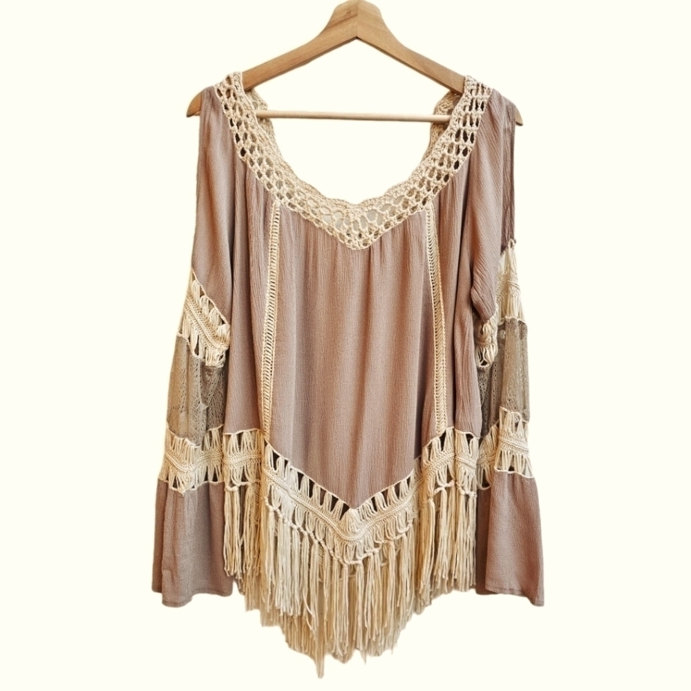 Umgee Macrame Fringe Tunic in Nude Tan Light Brown, Size Small (Oversized) - Picture 1 of 10